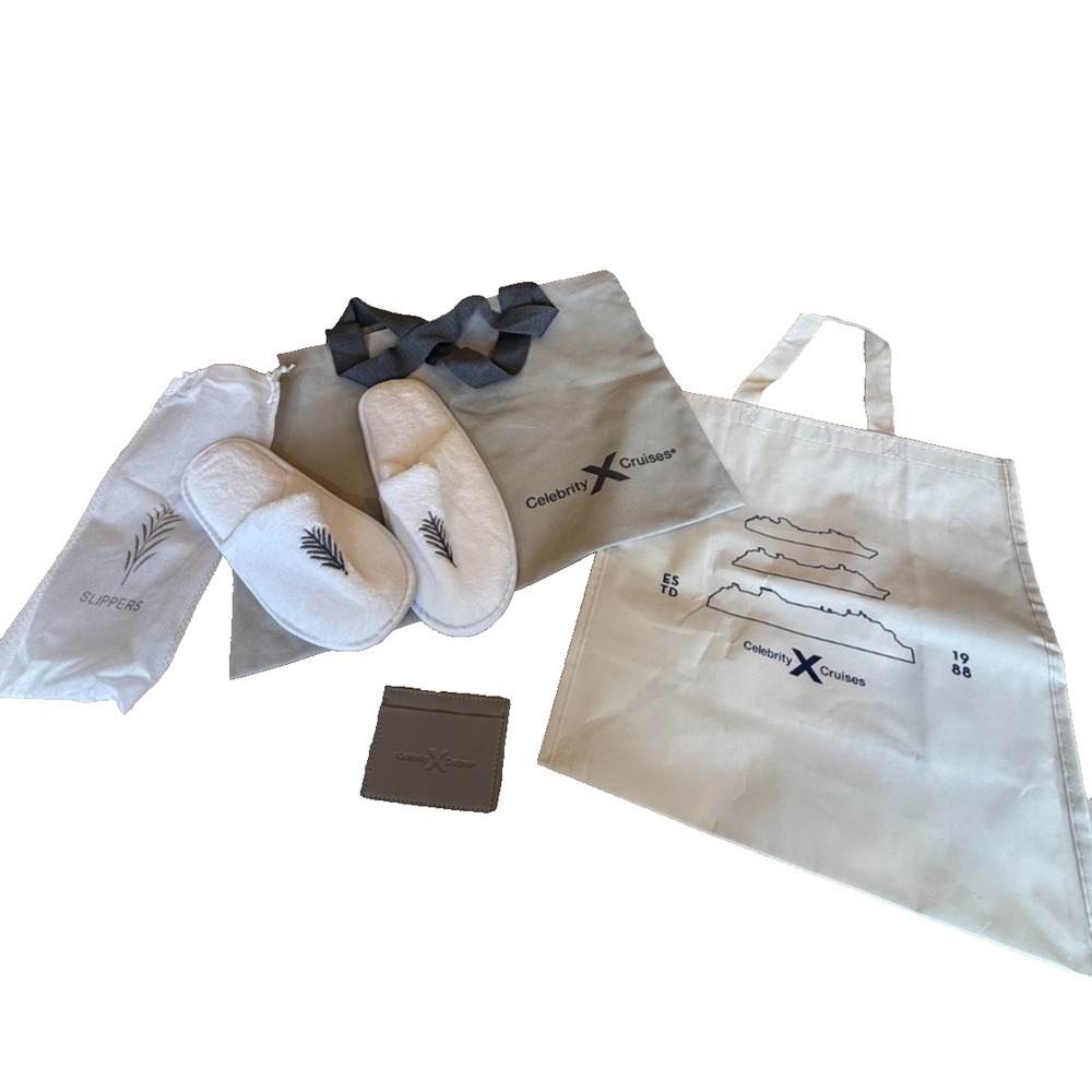 Celebrity Cruises Bundle: Tote bag, slippers, wallet, in shopping/gift bag